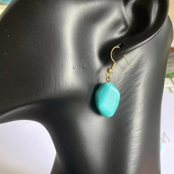 Aqua Turquoise Stone Earrings Gold Plated Dangle Chunky Statement Southwestern - Picture 3 of 9